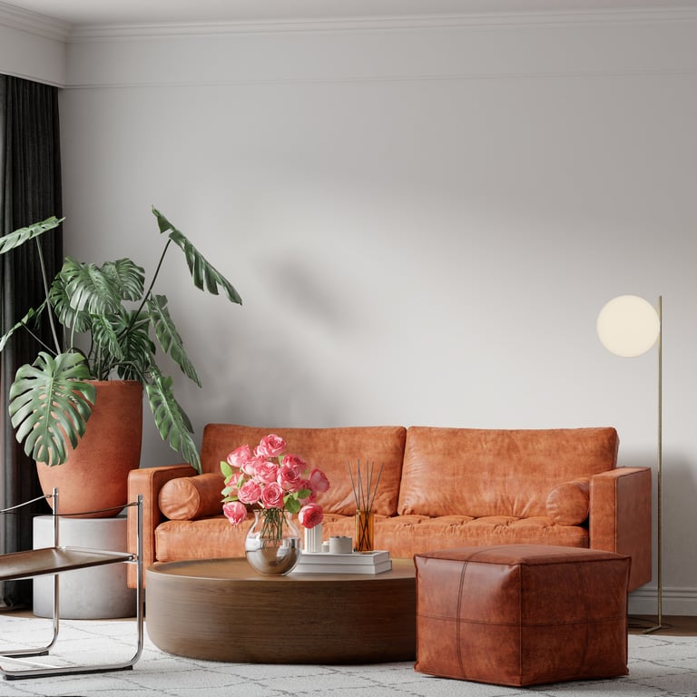 Stylish mid-century modern living room featuring luxurious brown leather sofa, matching armchair, warm wood tones, geometric patterns, and vintage accents