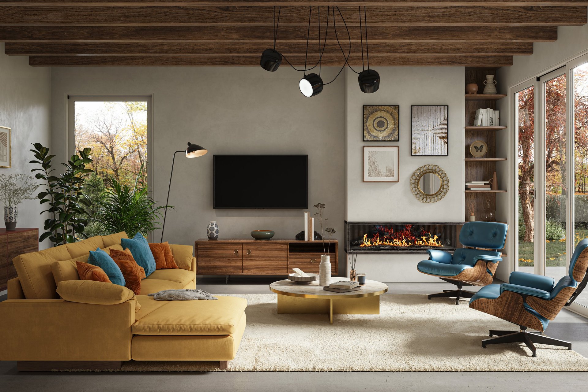 Mid-Century Modern living room interior with wooden ceiling beams, mustard sectional sofa, blue lounge chair and ottoman