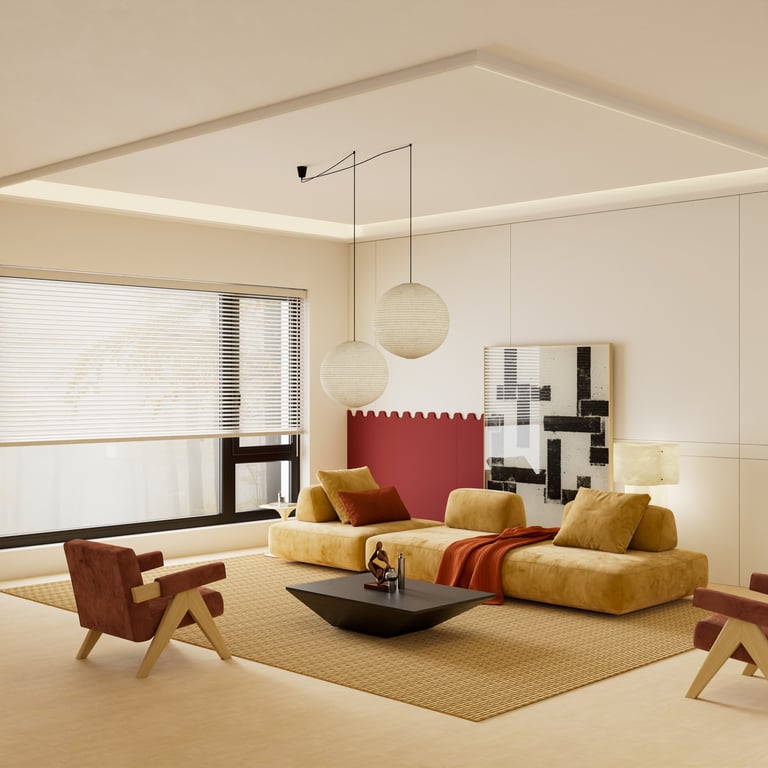 Sophisticated interior with mustard yellow sofa and beige wall, minimalist modern mid-century design with elegant furniture