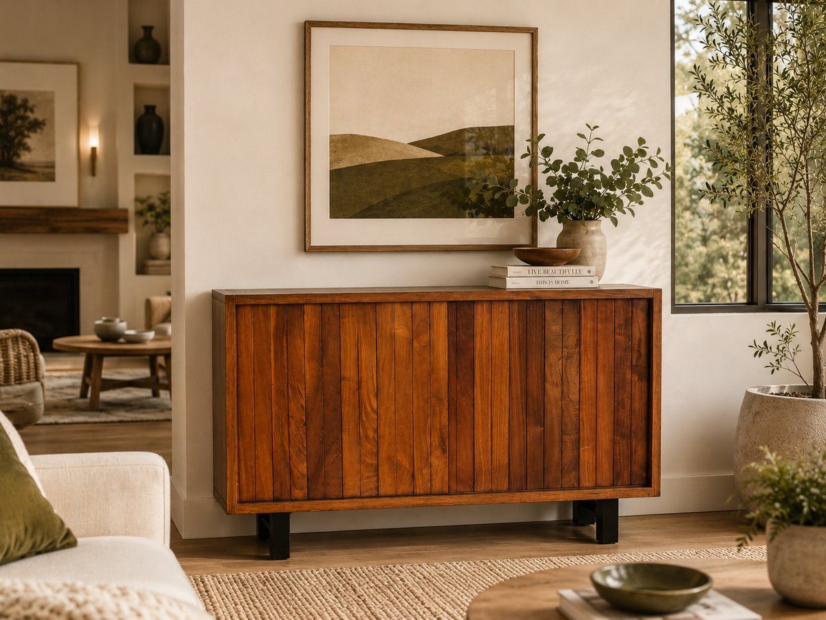 Mid-century modern wooden dresser with landscape artwork above it in a minimalist living room with plants and contemporary furnishings.
