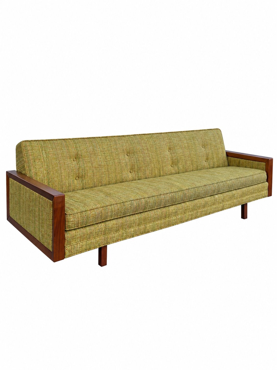 Mid-century modern sofa with gold-yellow upholstery and wooden frame with tapered legs