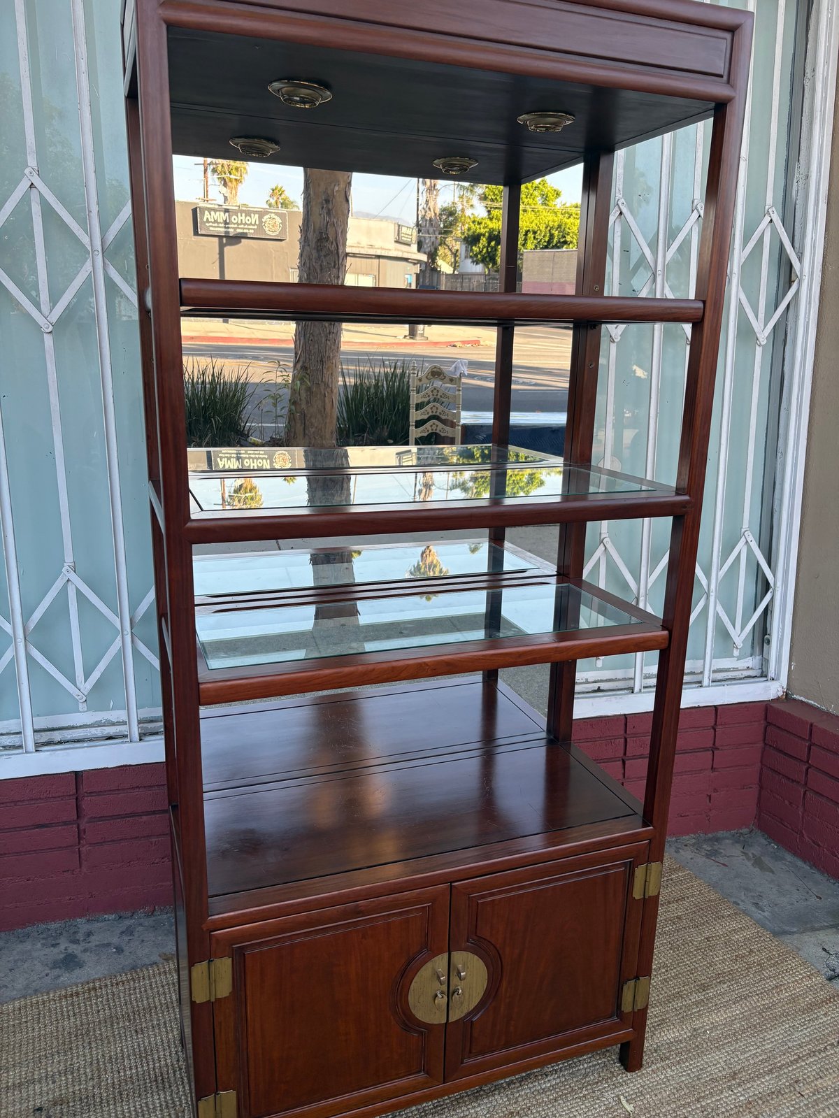 Dark wood display cabinet with glass shelves, closed lower cabinet doors, and brass hardware, photographed indoors with window view behind