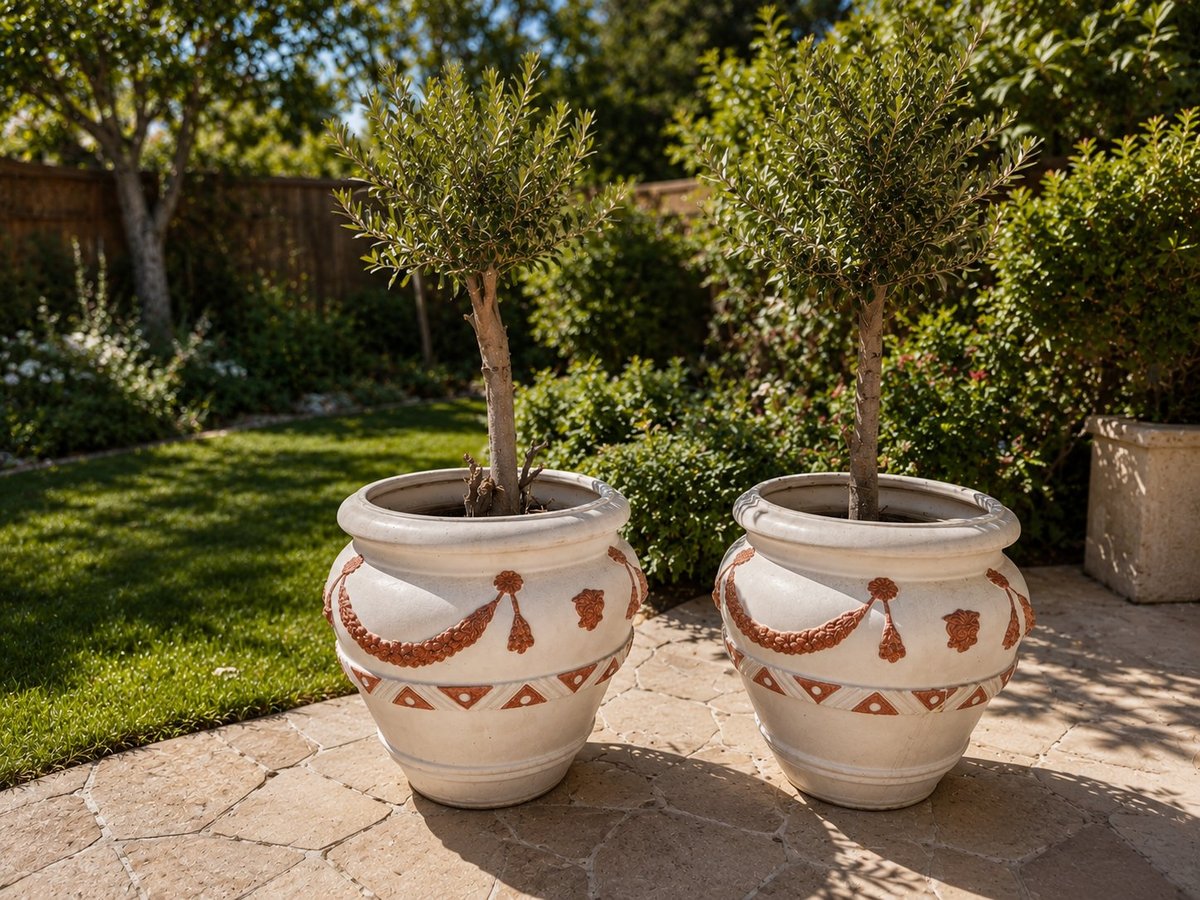 Two decorative cream-colored planters with terracotta rope design holding small trees in a sunny garden setting