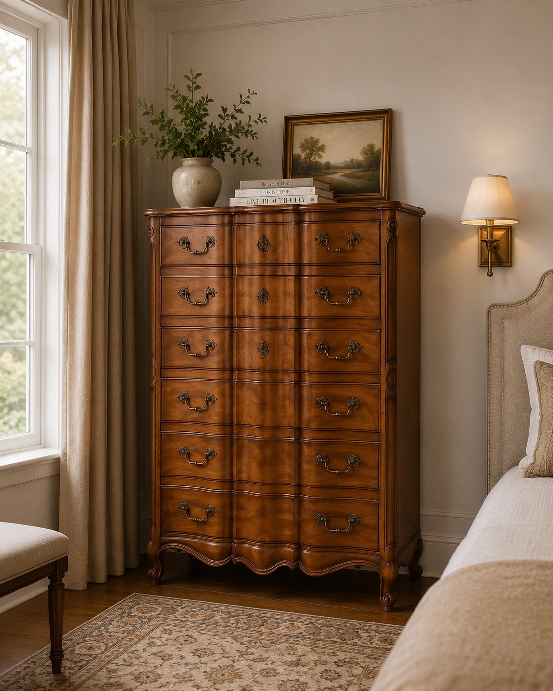 Traditional wooden dresser with brass hardware in a bedroom, decorated with a ceramic vase and framed artwork on top