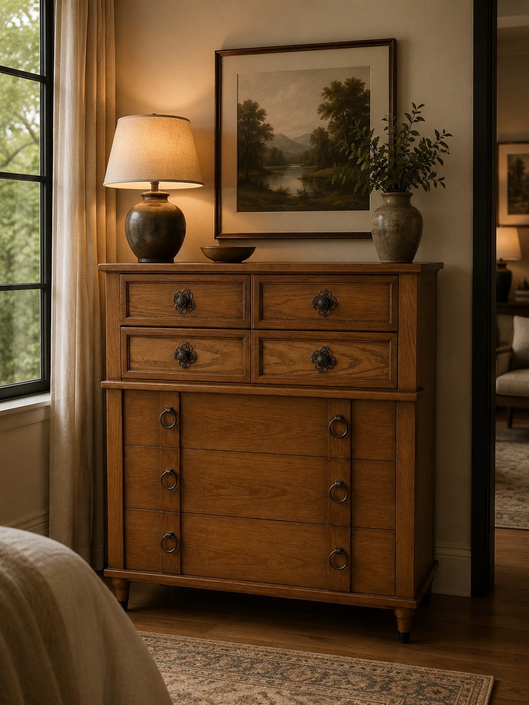 Wooden dresser with framed landscape artwork, table lamp, and potted plant in a traditional bedroom setting