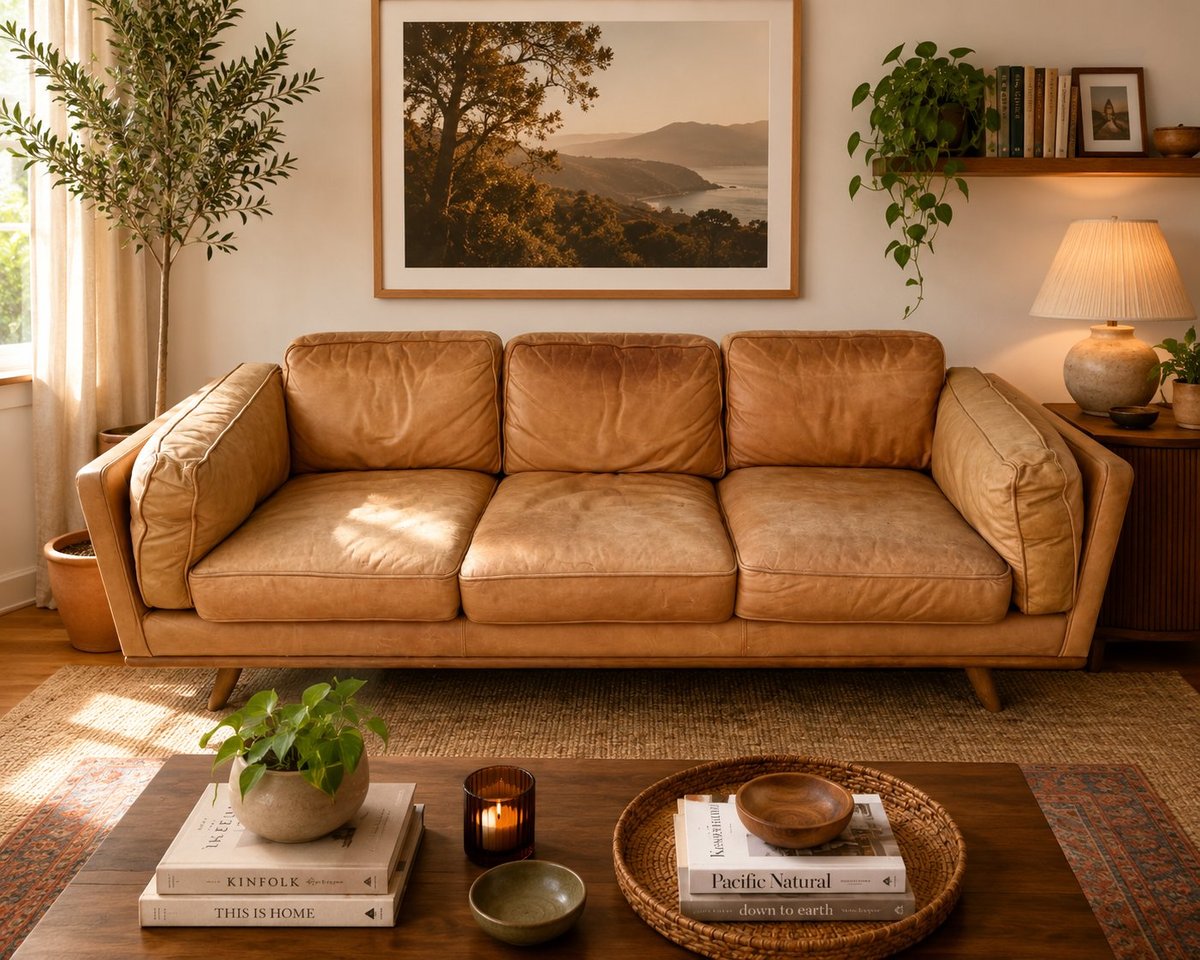 Warm living room with a caramel leather sofa, framed landscape art, wooden side table with lamp, and decorative plants and books on the coffee table