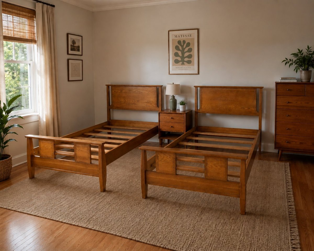 Two wooden twin beds in a bedroom with a nightstand, dresser, potted plants, and framed wall art in warm tones.