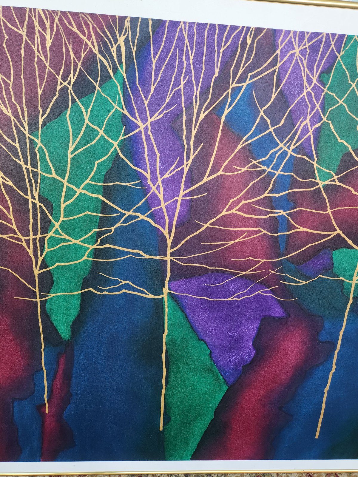 Abstract painting of golden tree branches overlaid on vibrant multicolored gradient background in purple, blue, green, and red tones