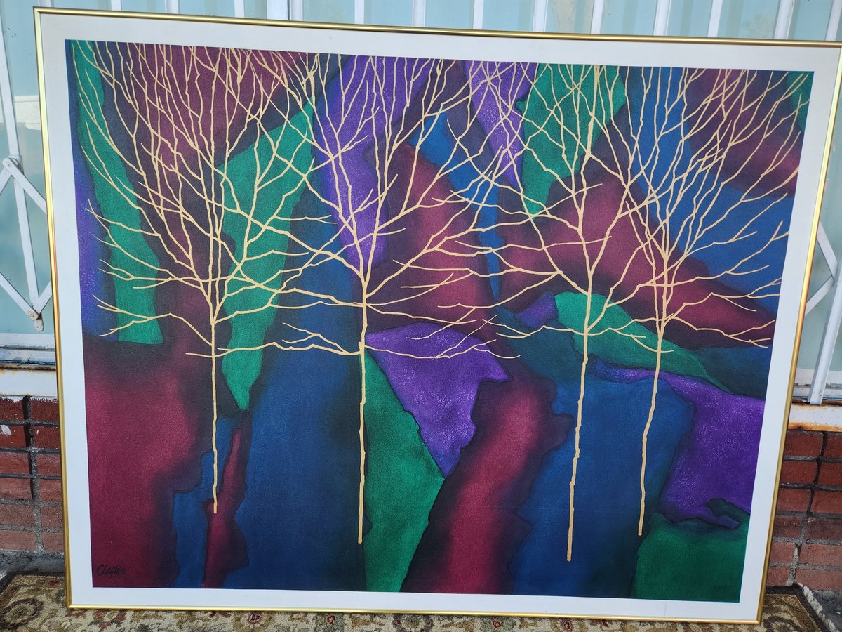 Abstract painting of bare trees with white branches against a vibrant gradient background in shades of purple, blue, green, and pink