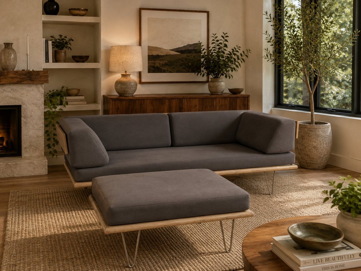 Modern living room with gray upholstered sectional sofa, wooden ottoman, and natural wood accents arranged on a jute rug