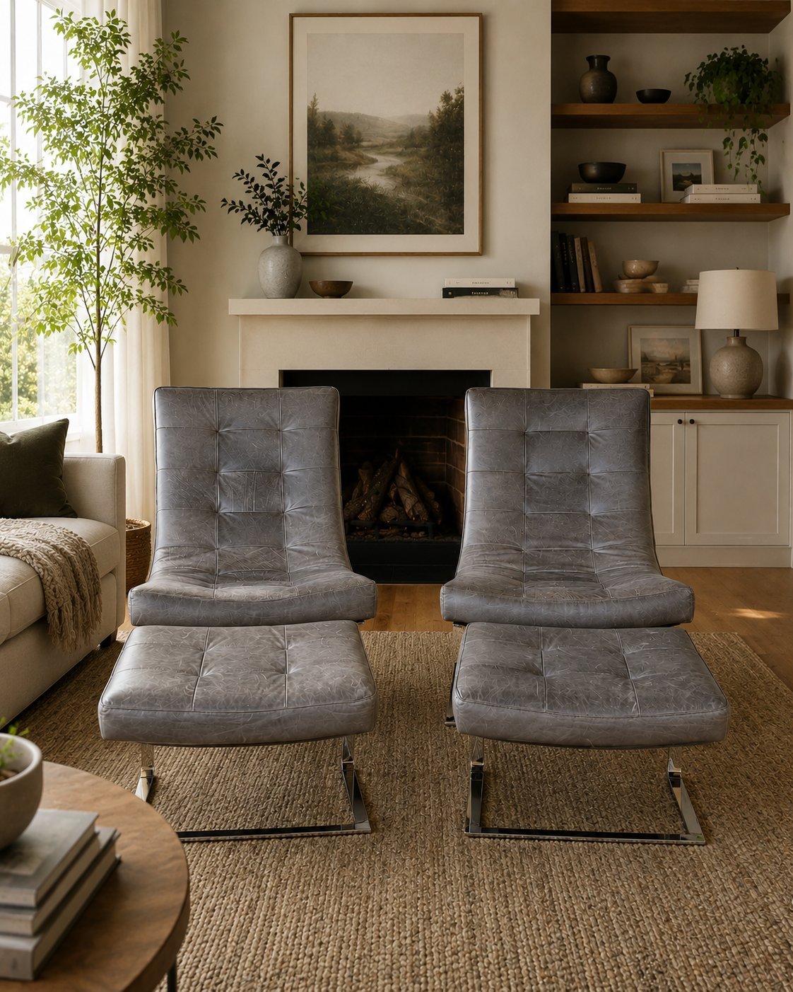 Modern living room with two gray upholstered chairs and matching ottomans facing a fireplace, with built-in shelving and framed landscape art above.