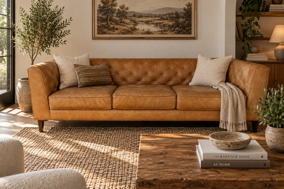 Warm living room with a tan leather Chesterfield sofa, woven area rug, wooden coffee table with books, potted plants, and framed landscape artwork on the wall