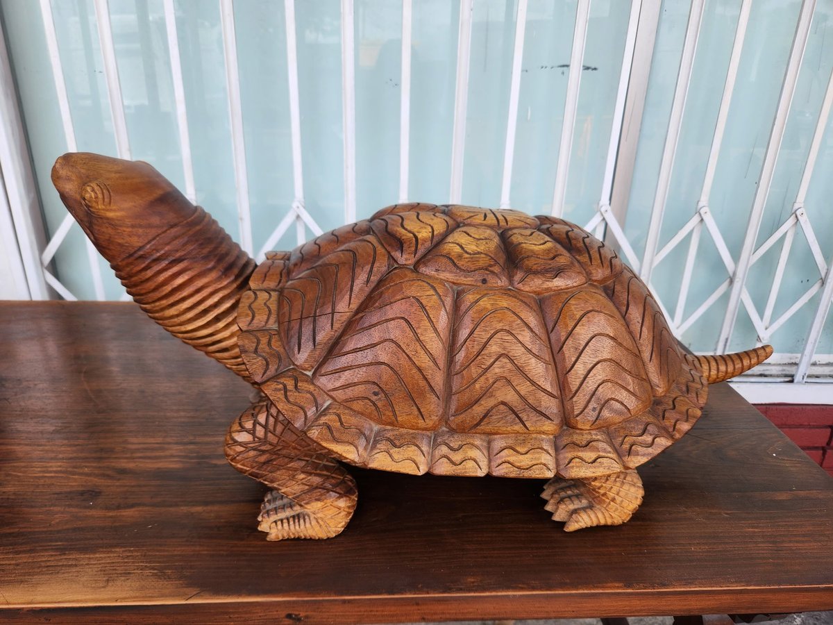 Wooden carved turtle sculpture with intricate shell details on a dark wooden surface against a white blinds background