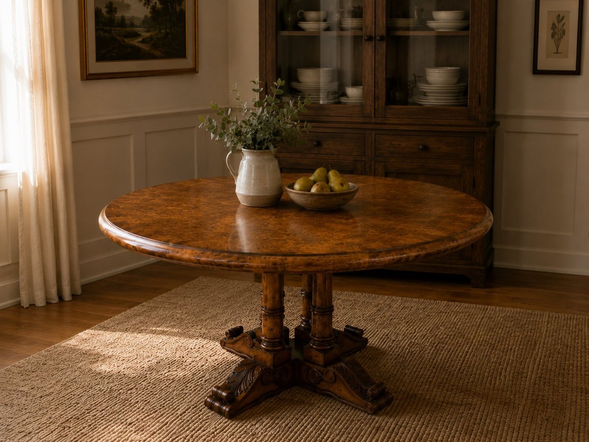 Wooden round pedestal dining table with flowers and fruit bowl in an elegant dining room with cabinet and beige walls