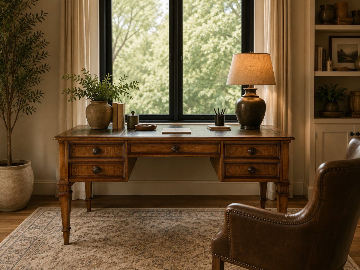 Wooden desk with bronze lamp and decor in elegant home office with windows, leather chair, and bookshelves