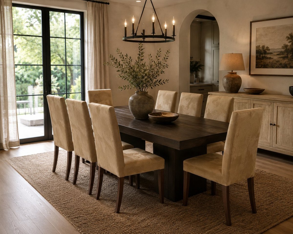 Elegant dining room with dark wood table, upholstered beige chairs, chandelier, French doors, and decorative elements on light walls.